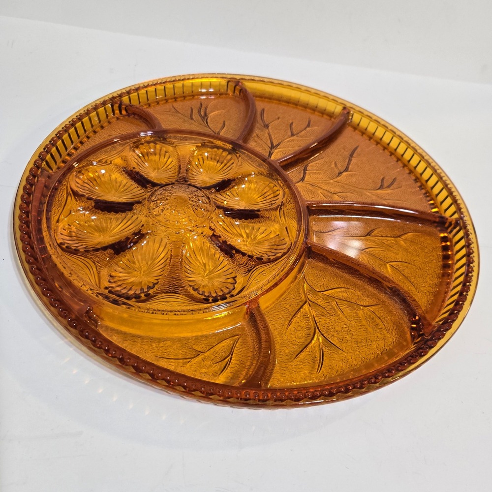 Vintage Indiana Glass Amber Deviled Egg & Relish Tray Divided 13" tree of Life - Picture 4 of 8